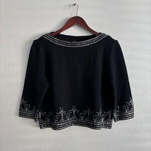 St. John Evening Black Cropped Bateau Neck Sweater with Silver Details